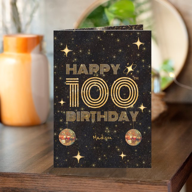 Svart Guld Dansande Disco Boll 100-års Födelsedag Kort (Skapare uppladdad)