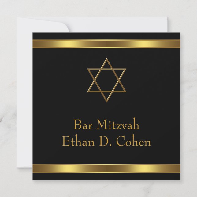 Svart Guld David Stjärna Bar Mitzvah Inbjudningar (Framsida)