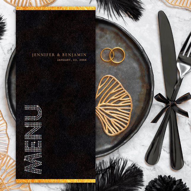 Svart Guld Diamant Bröllopsfest Middagsmeny Meny (Front)