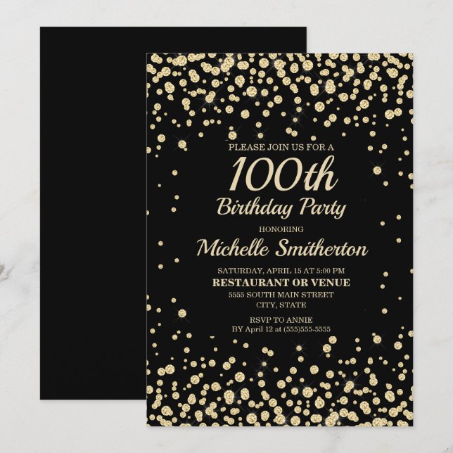 Svart Guld Diamant Glitter Kvinnors 100-årsdag Kort (Fram/baksida)