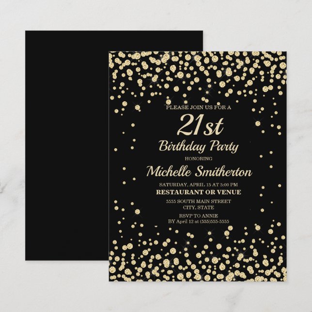 Svart Guld Diamant Glitter Kvinnors 21-årsdag Kort (Fram/baksida)