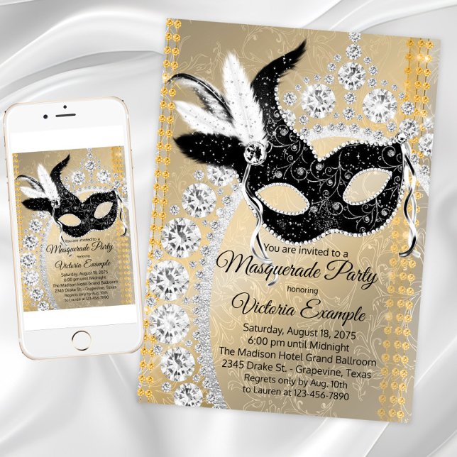 Svart Guld Diamant Maskerad Födelsedagsfest Inbjudningar (Black and gold masquerade party invitation with mask and diamonds. For download and print.)