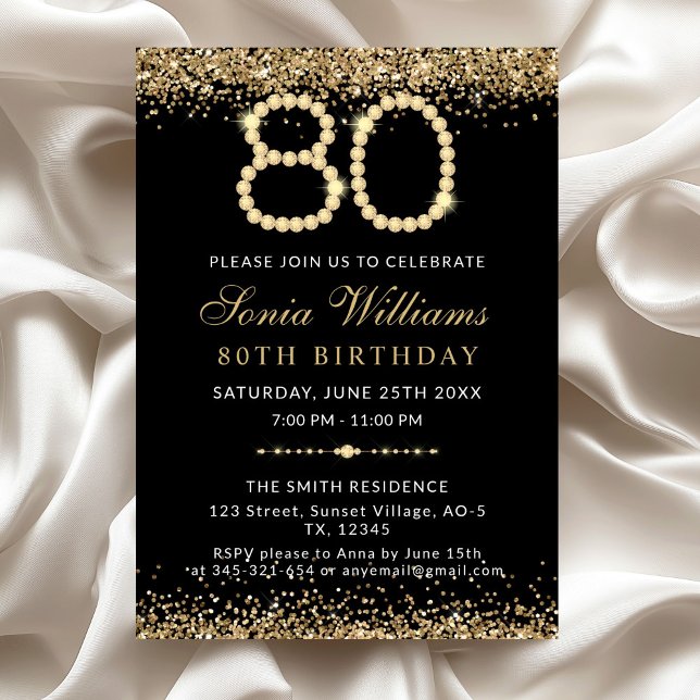 Svart Guld Diamanter 80-årsfest Inbjudan (Gold Diamonds 80th Birthday Party Invitation)