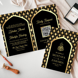 Svart Guld Diamanter Båg QR-kod Muslimsk Bröllop Inbjudan