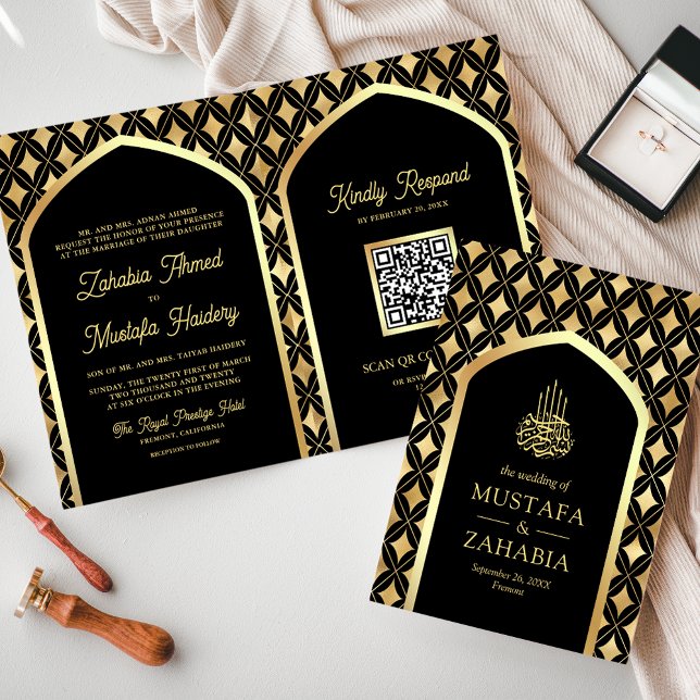 Svart Guld Diamanter Båg QR-kod Muslimsk Bröllop Inbjudan (Skapare uppladdad)