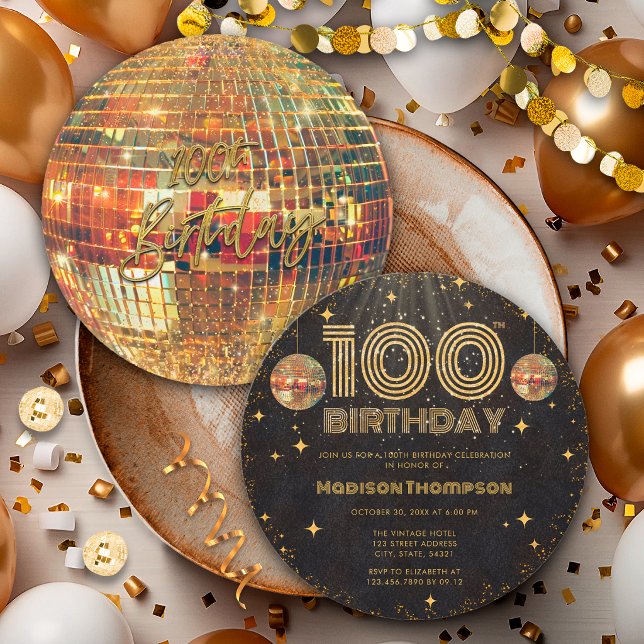 Svart Guld Disco Boll Golden Födelsedag 100-årsfes Inbjudningar (Skapare uppladdad)