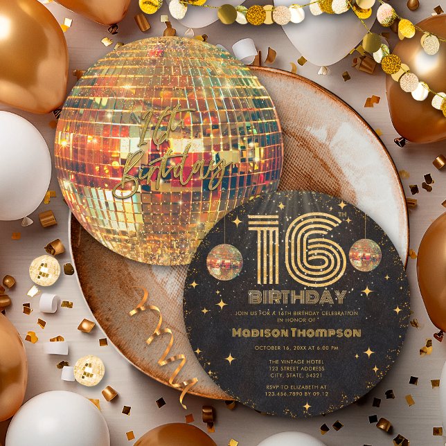 Svart Guld Disco Boll Golden Födelsedag 16-årsfest Inbjudningar (Skapare uppladdad)