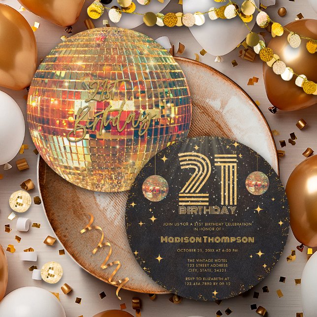 Svart Guld Disco Boll Golden Födelsedag 21-årsfest Inbjudningar (Skapare uppladdad)