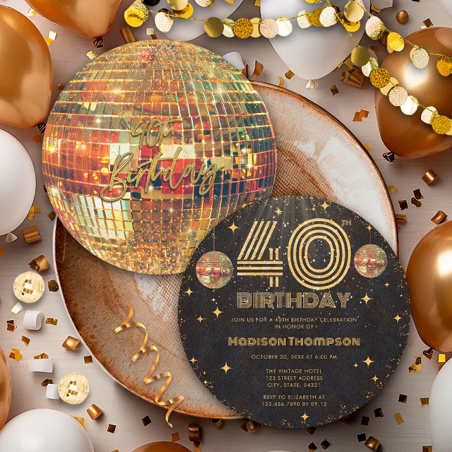 Svart Guld Disco Boll Golden Födelsedag 40-årsfest Inbjudningar (Skapare uppladdad)