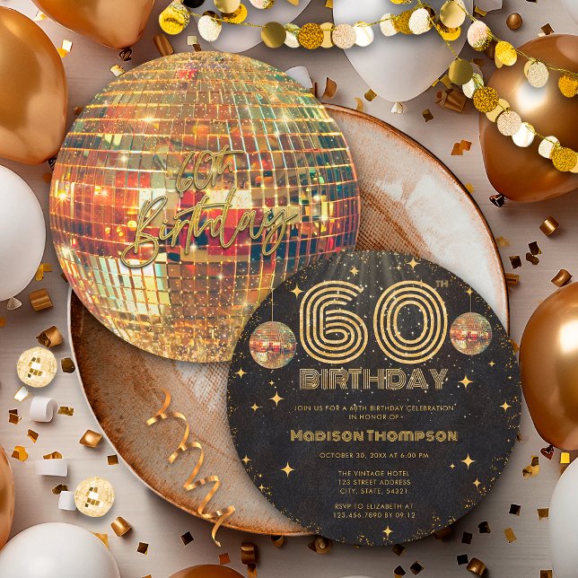Svart Guld Disco Boll Golden Födelsedag 60-årsfest Inbjudningar (Skapare uppladdad)