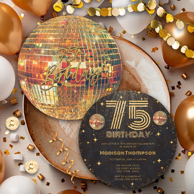 Svart Guld Disco Boll Golden Födelsedag 75-årsfest Inbjudningar (Skapare uppladdad)