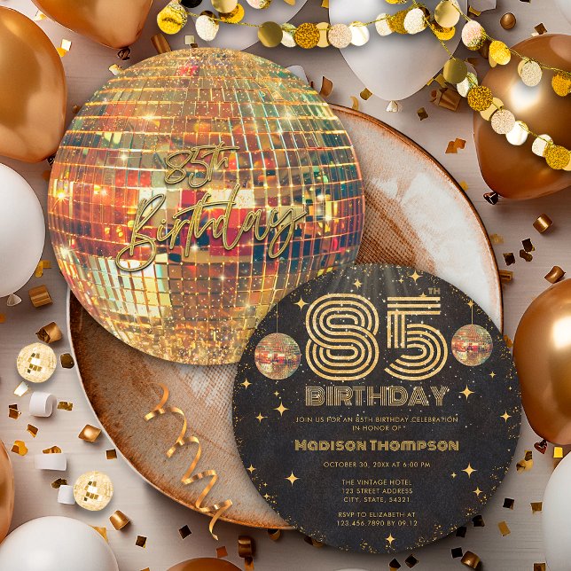 Svart Guld Disco Boll Golden Födelsedag 85-årsfest Inbjudningar (Skapare uppladdad)