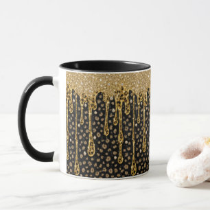 Svart Guld Droppande Glitter Glam Bling Lyx Mugg