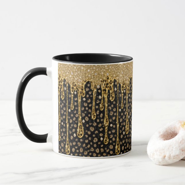 Svart Guld Droppande Glitter Glam Bling Lyx Mugg (Med munk)