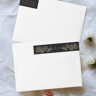 Svart Guld Ebony Botanical Monogram bröllopsinbjud Etikettband