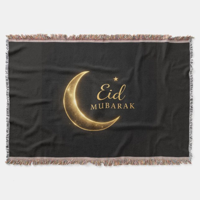 Svart & Guld Eid Mubarak Dekorativ Kudd – Ramad Filt (Framsidan)