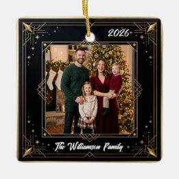 Svart Guld Elegant Familjefoto Jul Keramik Julgransprydnad Keramik