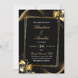 Svart & Guld Elegant Geometrisk Bröllopsinbjudan Inbjudningar