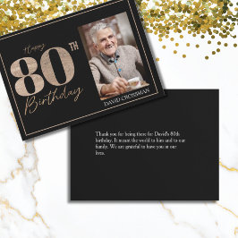 Svart & Guld Elegant Glitter 80-års Foto Födelseda Tack Kort