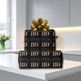 Svart & Guld Elegant Glitter 80-årsfirande Presentpapper