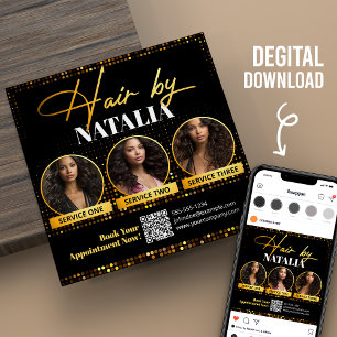Svart Guld-Elegant Hair Stylist Digital Flyer Card Inbjudningar