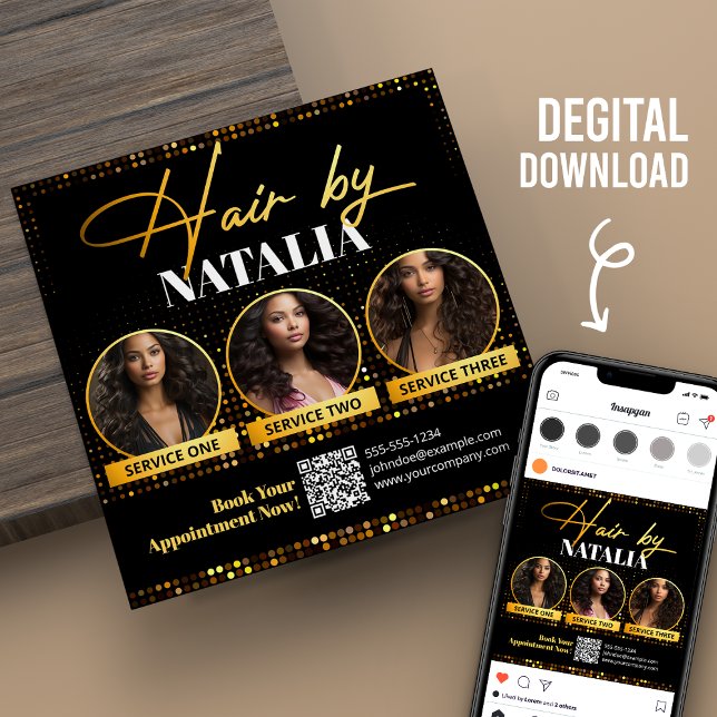 Svart Guld-Elegant Hair Stylist Digital Flyer Card Inbjudningar (Skapare uppladdad)