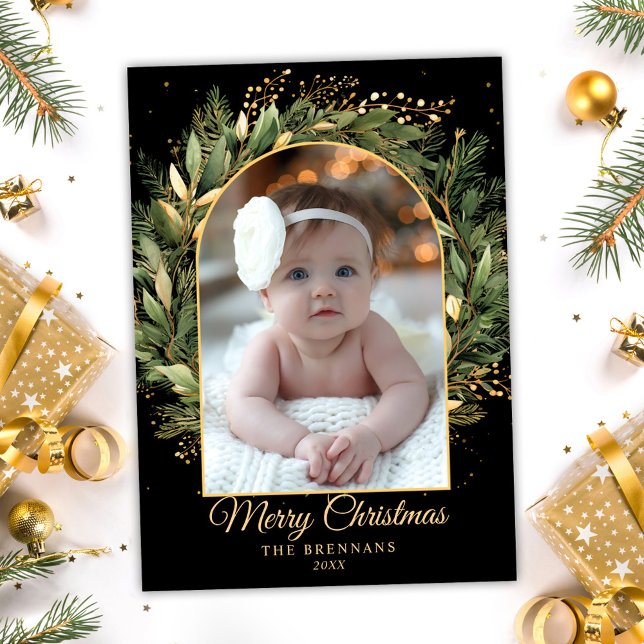 Svart Guld Elegant jul 1 Photo Botanical Julkort (Black Gold Elegant Christmas 1 Photo Botanical Holiday Card)