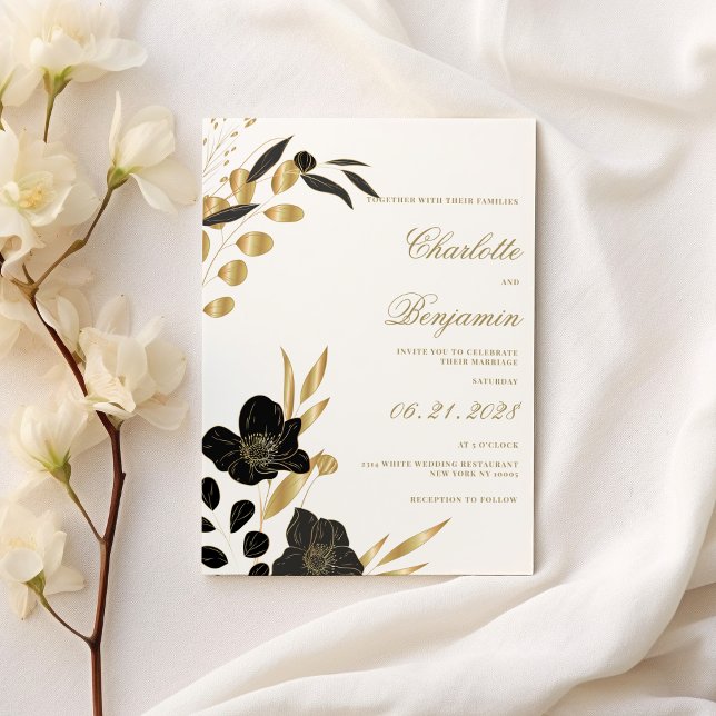 Svart guld elegant lyx blad florala bröllop inbjudningar (Black gold elegant luxury foliage floral wedding)