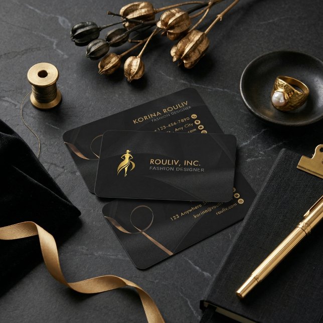 Svart Guld Elegant Mode Designer Boutique Visitkort (Black Gold Elegant Fashion Designer Boutique Business Name Card
)