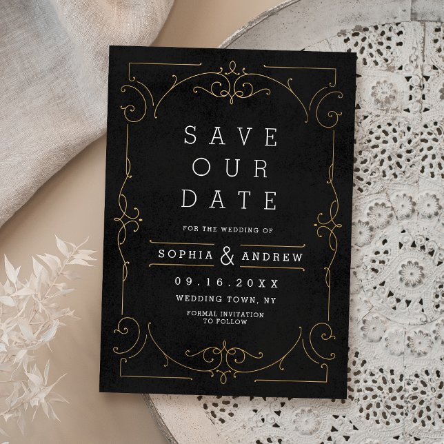 Svart & guld Elegant modern klassisk bröllop Spara Datumet (Black & Gold Elegant modern classic wedding Save The Date)