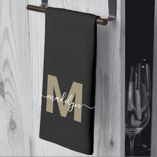 Svart Guld Elegant Modernt Skript Namn Monogram Kökshandduk