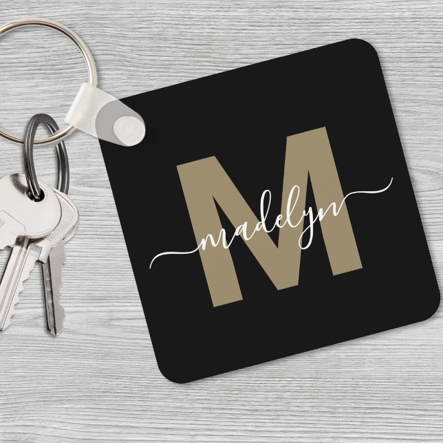 Svart Guld Elegant Namn Monogram Nyckelring (Black Gold Elegant Name Monogram keychain)