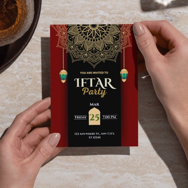 Svart Guld Elegant Ramadan Iftar Fest Inbjudan (Black Gold Elegant Ramadan Iftar Party Invitation)