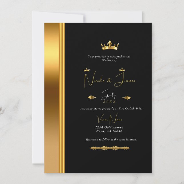 Svart & Guld Elegant Royal Glam Bröllop Inbjudningar (Framsida)