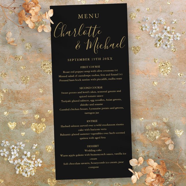 Svart Guld Elegant Signatur Bröllopsmeny Meny (Black Gold Elegant Signature Wedding Menu)