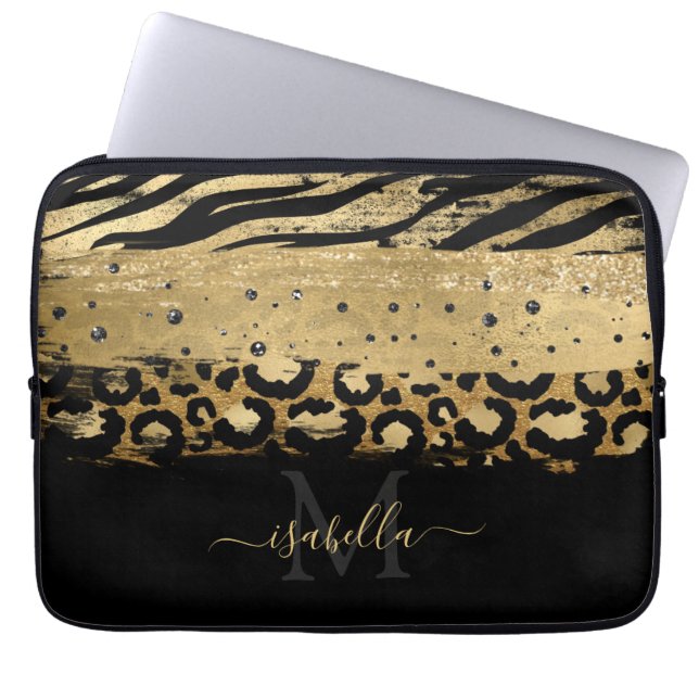Svart guld elegant skript guld med monogram laptop fodral (Framsidan)
