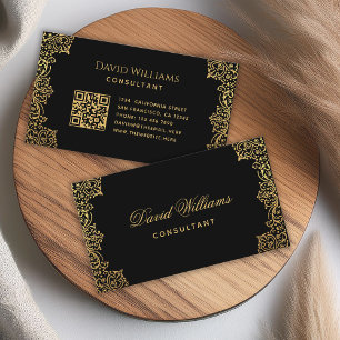 Svart Guld Elegant Vintage Antik Script QR-kod Visitkort