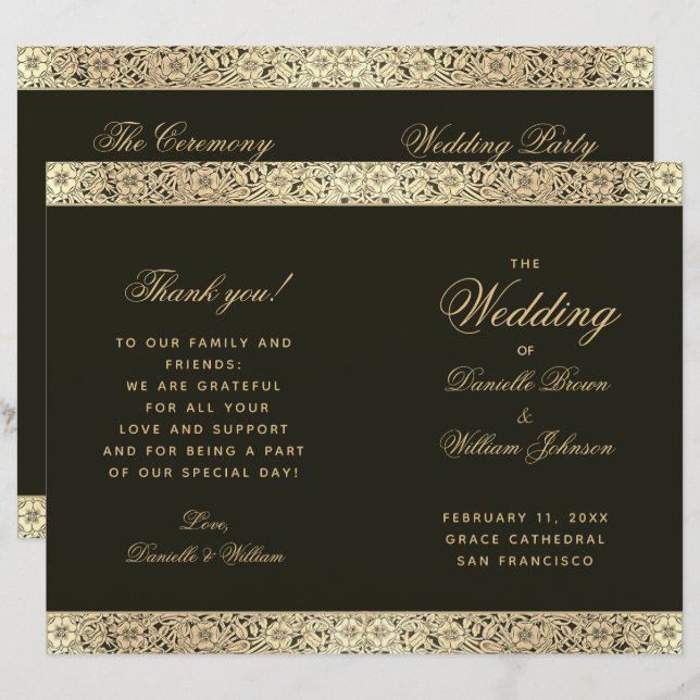 Svart Guld Elegant Vintage Blommig Bröllopsprogram (Fram/baksida)