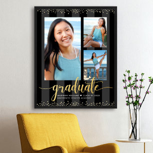 Svart Guld Examen 3 Foto Glitter Script Chic Poster