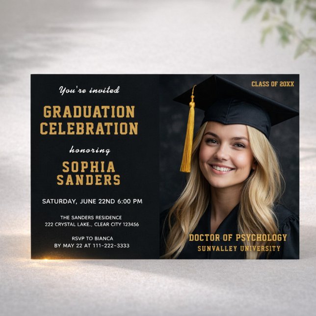 Svart Guld Examen Firande Foto Inbjudningar (Skapare uppladdad)