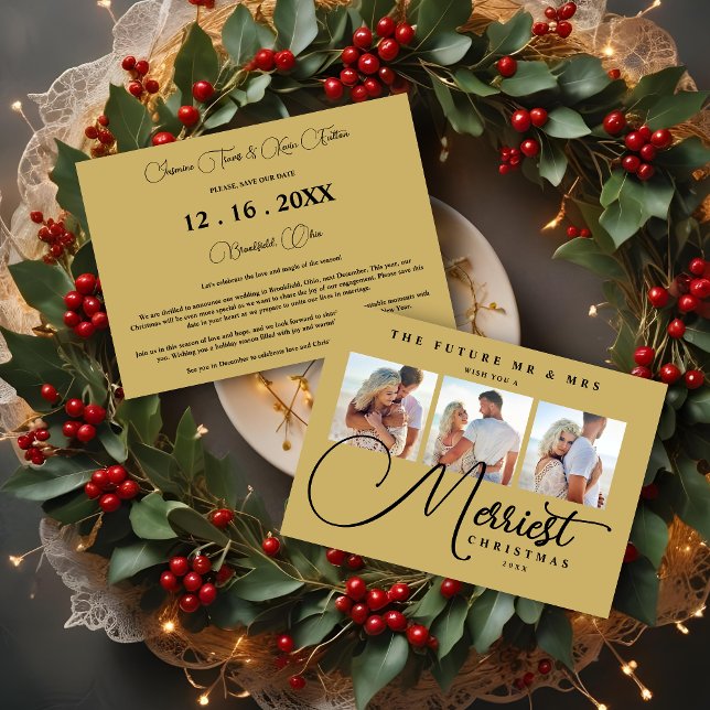 Svart Guld Exklusiv Bröllop Jul 3 Bilder Spara Datumet (Exquisite Wedding Christmas 3 Photos in Fake Gold & Black Holidays Cards as a Save the Dates Cards)