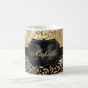 Svart & Guld Falskt Glitter Glam Leopardfläckar Tr Kaffemugg