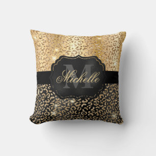 Svart & Guld Falskt Glitter Glam Leopardfläckar Tr Kudde