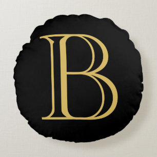 Svart Guld Färg Monogram Professionell Calligraphy Rund Kudde