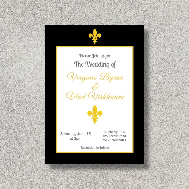 Svart & Guld Fleur de Lis bröllopsinbjudan Inbjudningar (Black & Gold Fleur de Lis Wedding Invitation)