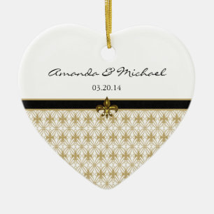 Svart Guld Fleur de Lis Mönstra bröllop Julgransprydnad Keramik