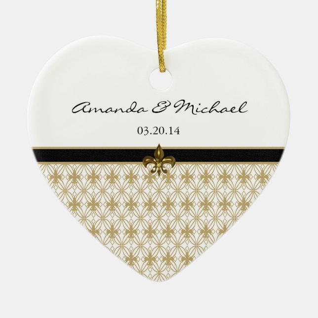 Svart Guld Fleur de Lis Mönstra bröllop Julgransprydnad Keramik (Framsidan)