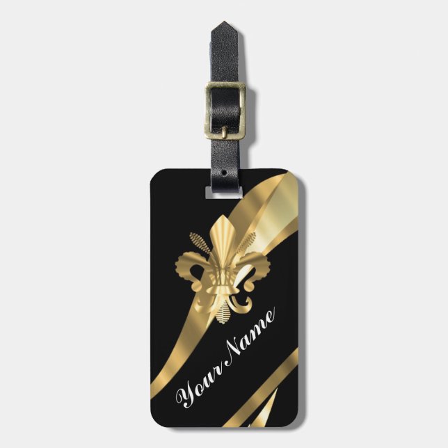 Svart & guld fleur de lys bagagebricka (Vertikal Framsida)