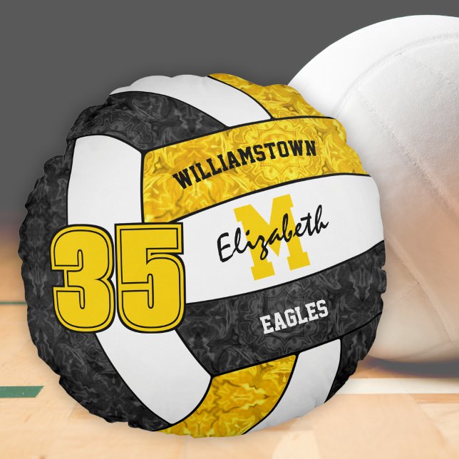 Svart guld-flickornas volleyball-lag färg rund kudde (Skapare uppladdad)