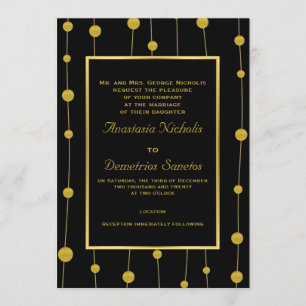 Svart, guld foil pärlor och ram moderna bröllop inbjudningar